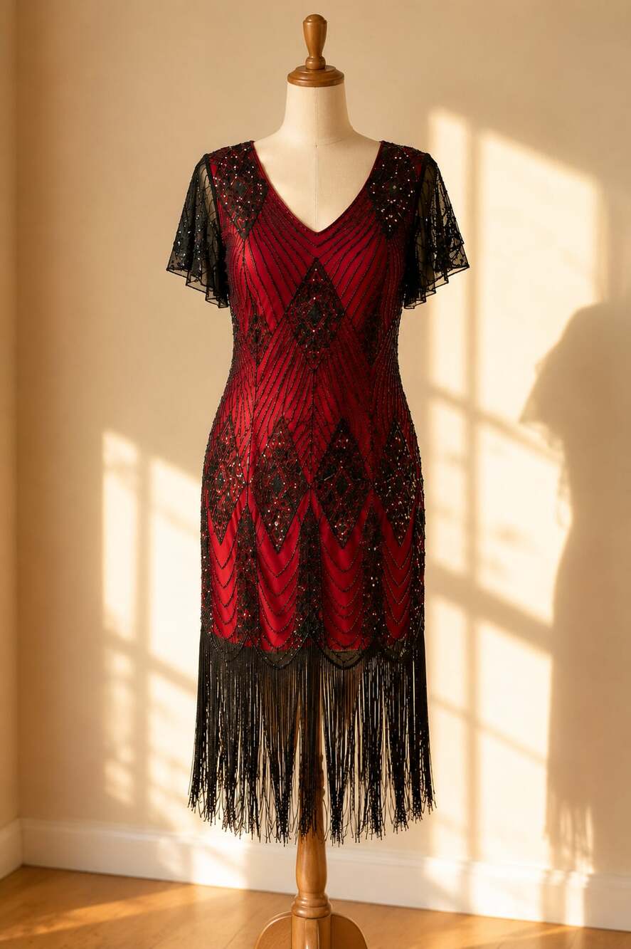 Fundaisy Gatsby Flapper Fringe Dress Red Black Sequin Whimsigoth Size XL